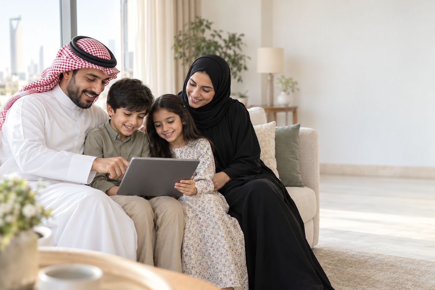 عائلة سعودية تتصفح الجيران على جهاز لوحي