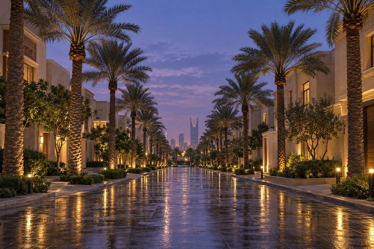 شارع سكني تحفّه النخيل في الرياض